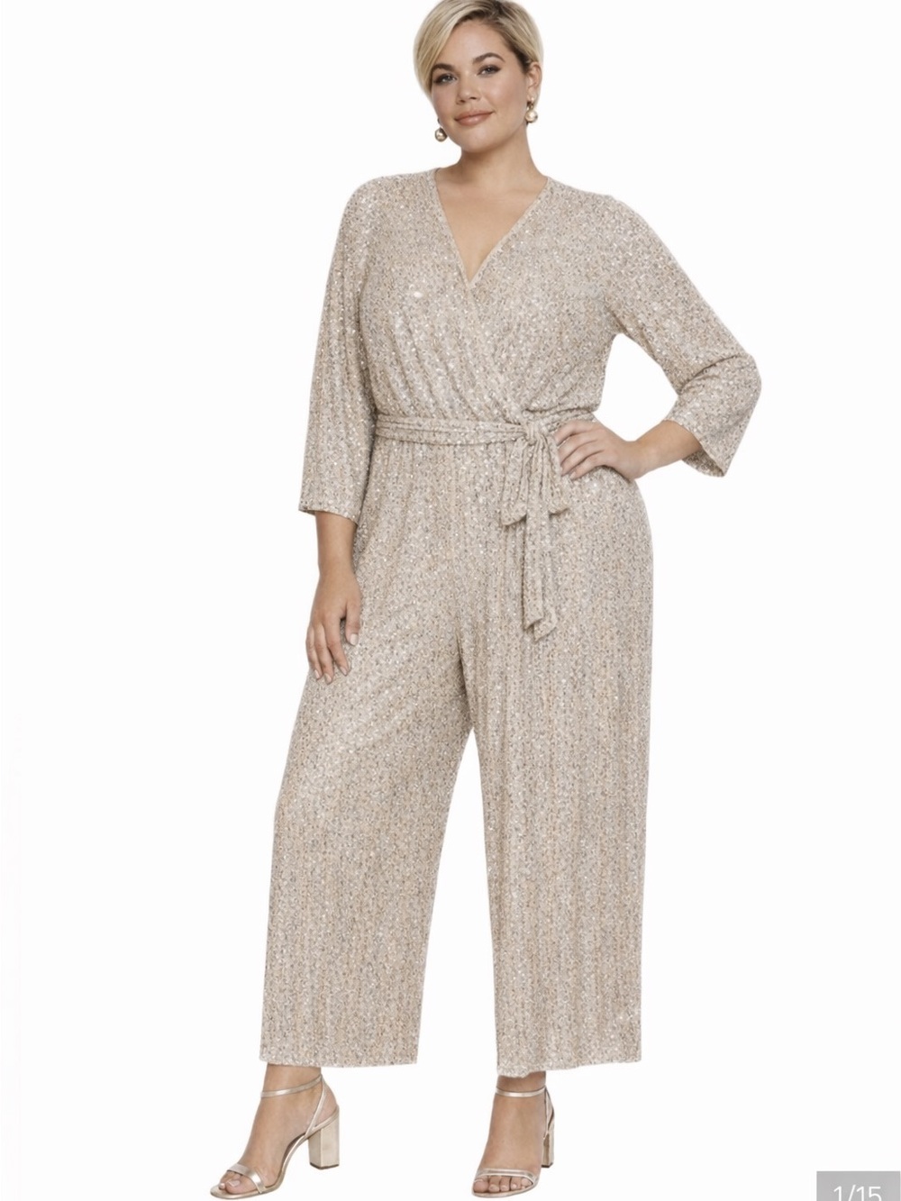 Eliza J Full Sequin Wide Leg Beige Cocktail Formal plus size Bling Jumpsuit 18W